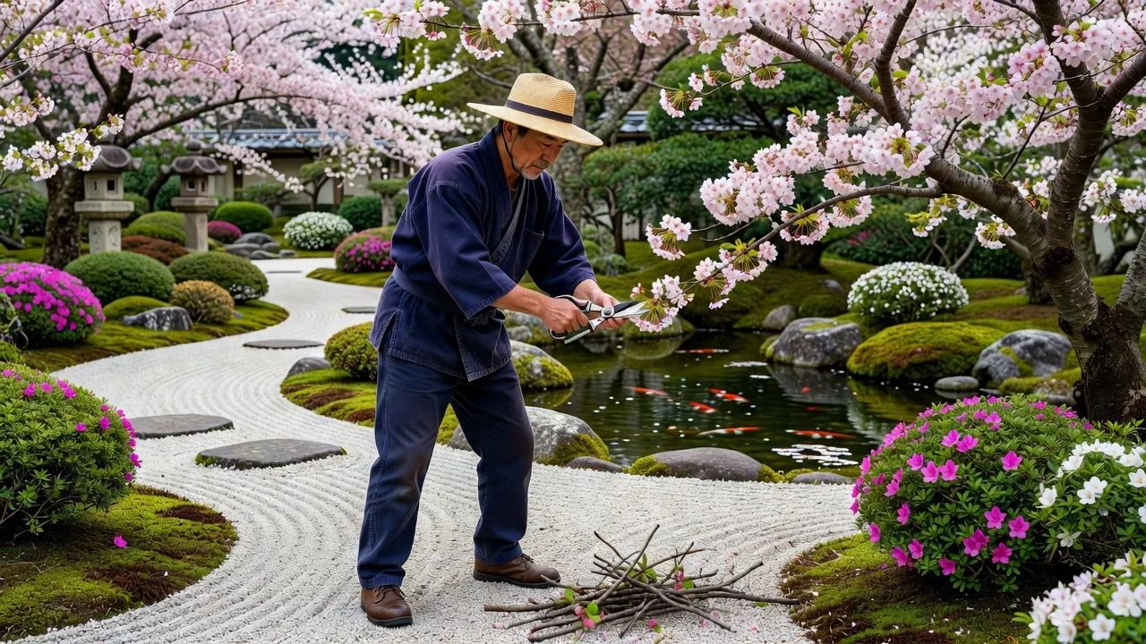 春の庭で剪定する庭師