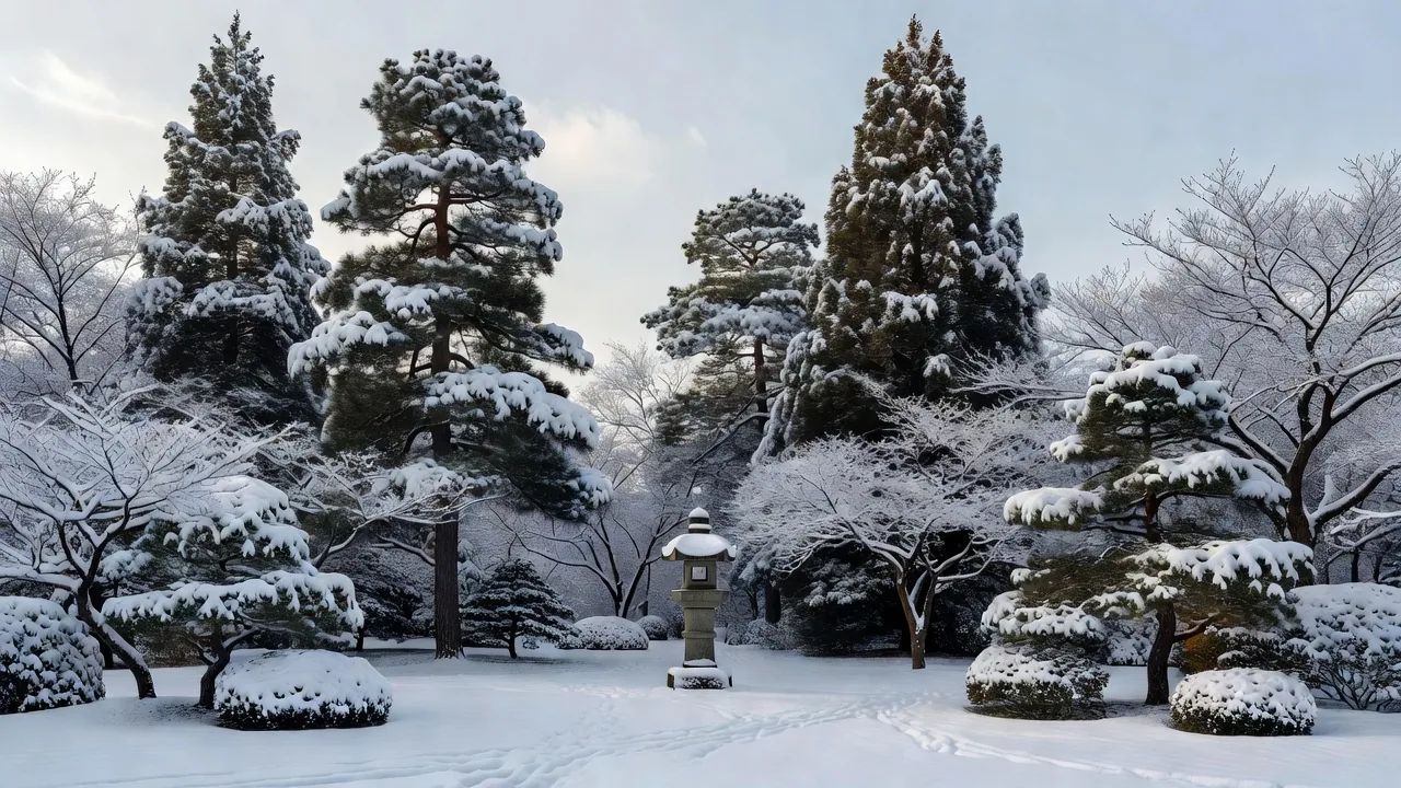 雪景色の庭と石灯籠